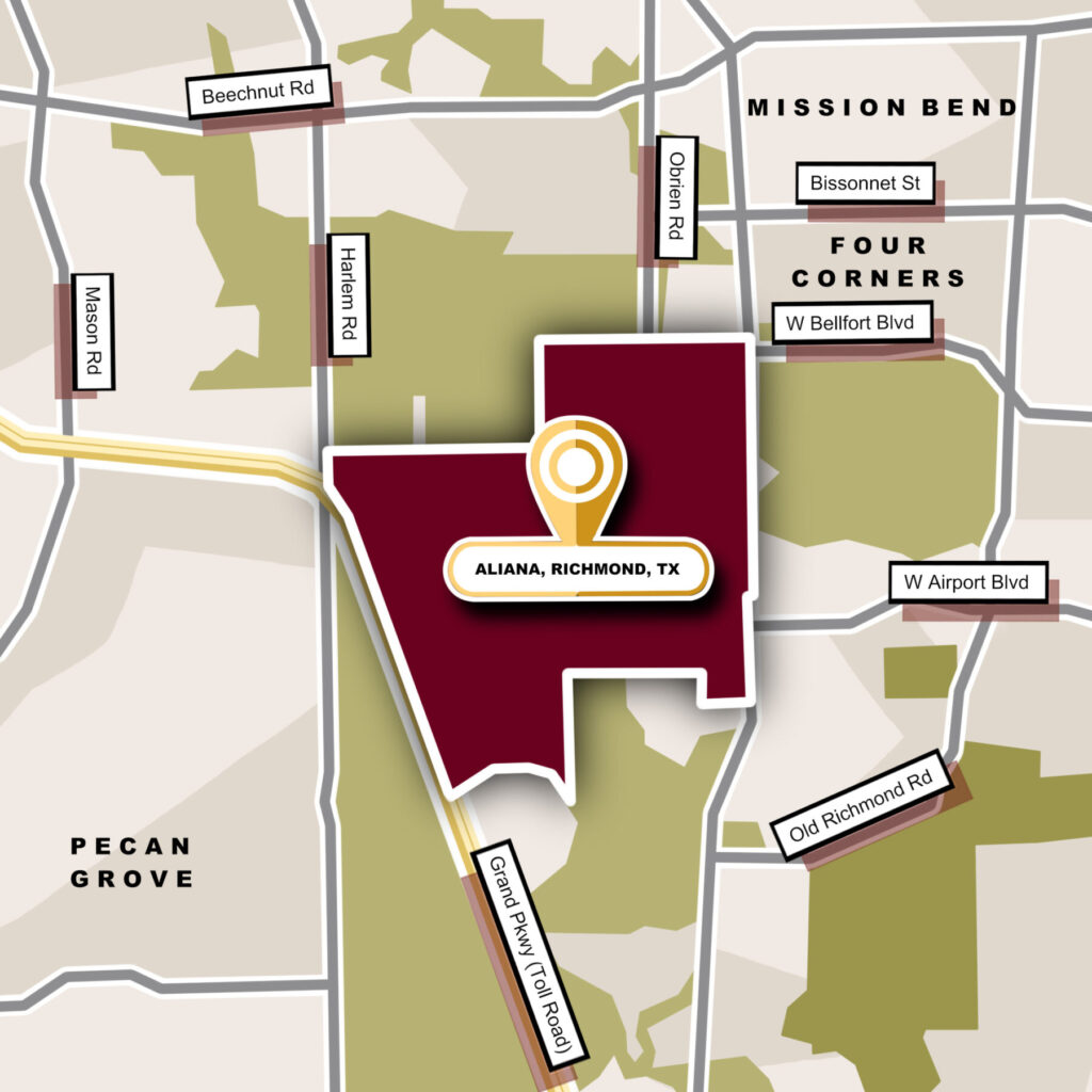 Custom Map Infographics of Aliana, Richmond, TX for the Aliana community guide
