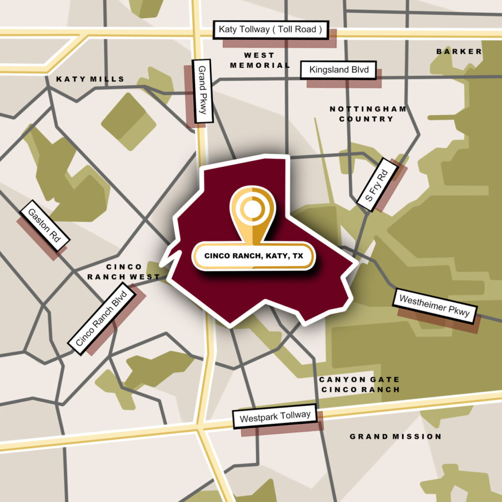 Custom Map Infographics of the Cinco Ranch, Katy, TX Community Guide Page.