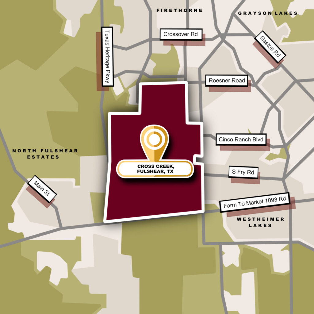Map infographics image of the Cross Creek Ranch, Fulshear, TX Community guide page