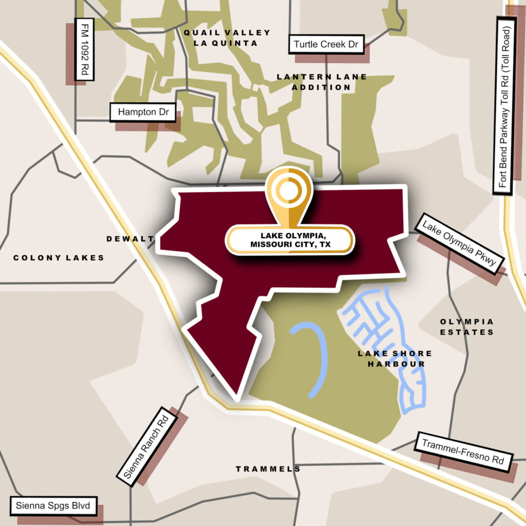 Custom Map Infographics of the Lake Olympia, TX Community Guide Page.