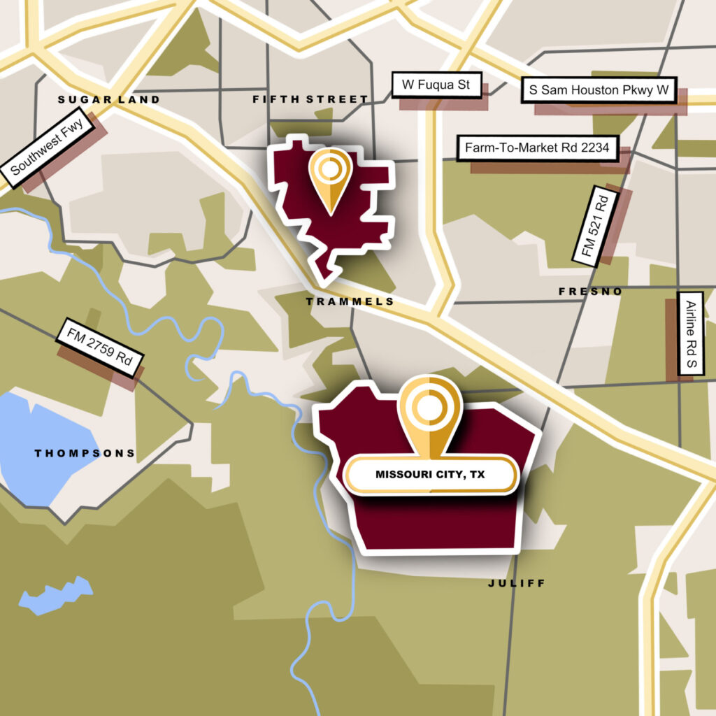 Custom Map Infographics of the Missouri City, TX Community Guide Page.