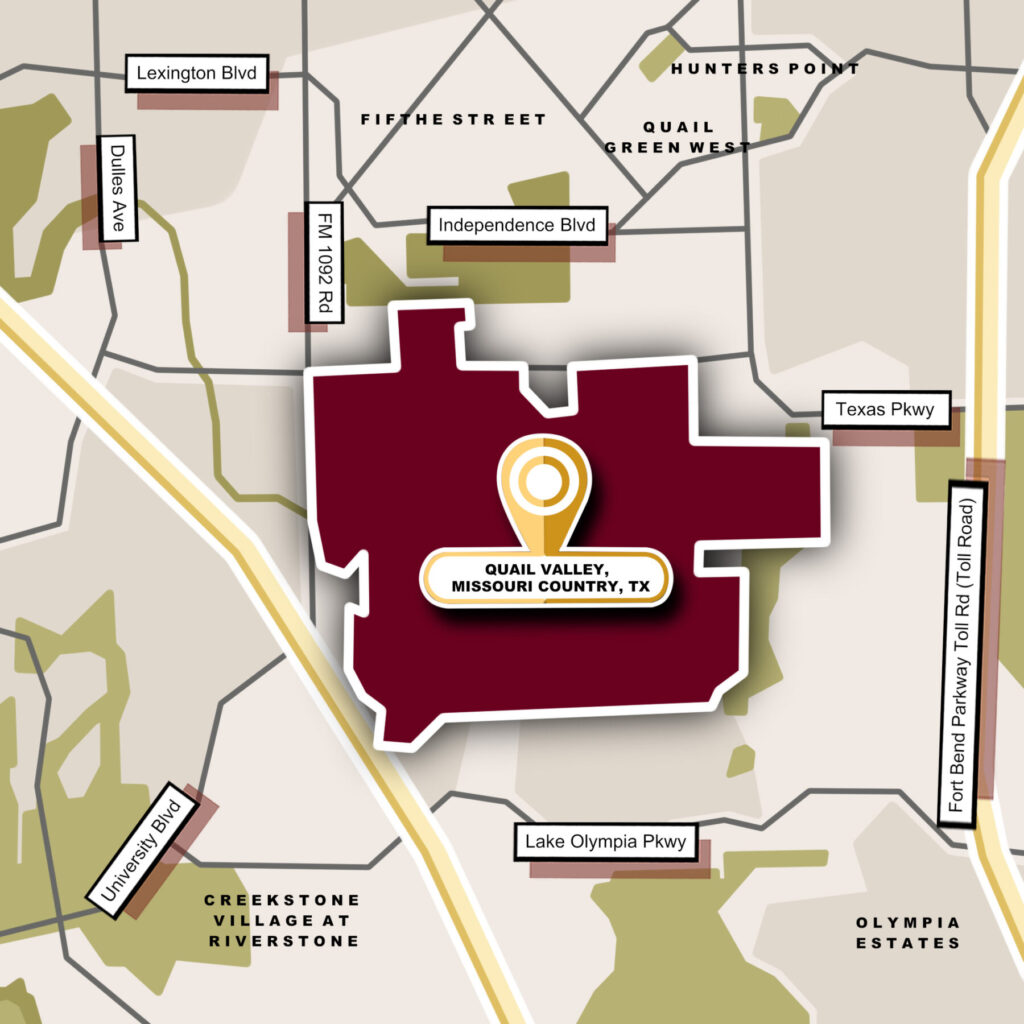 Custom Map Infographics of the Quail Valley, TX Community Guide Page.