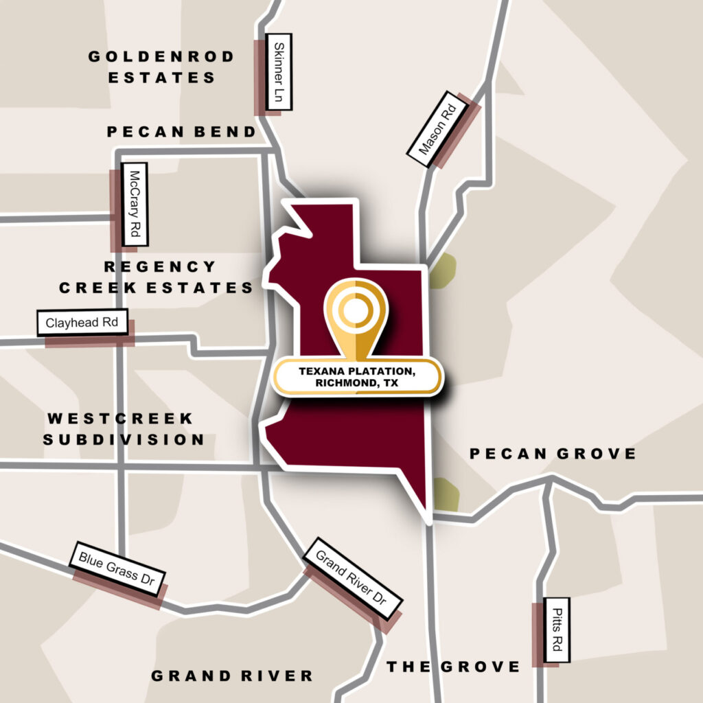 Custom Map Infographics of Texana Plantation, Richmond, TX for the Texana Plantation community guide