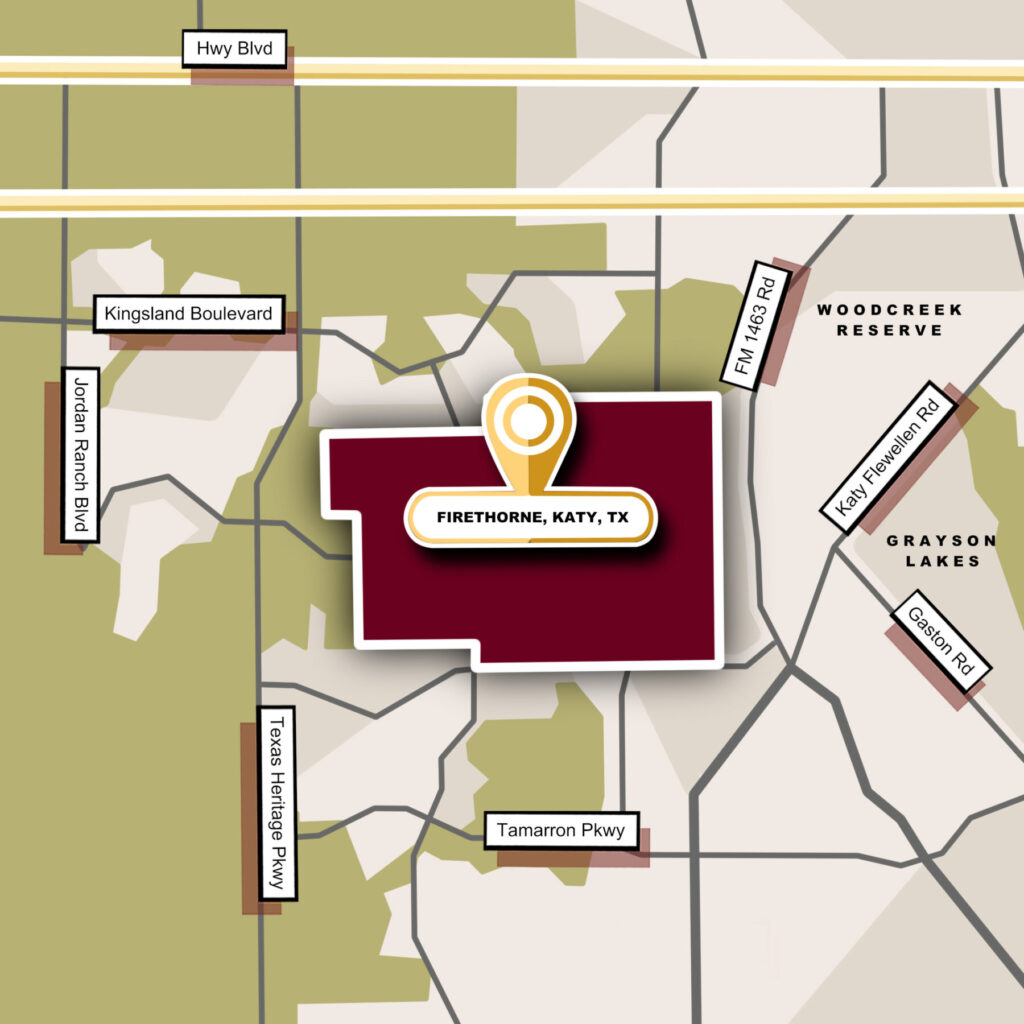 Custom Map Infographics of the Firethorne, Katy, TX Community Guide Page.