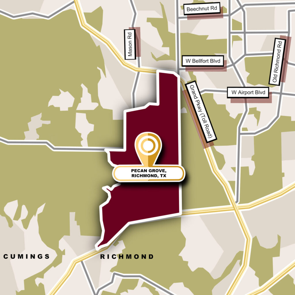 Custom Map Infographics of Pecan Grove, Richmond, TX for the Pecan Grove community guide