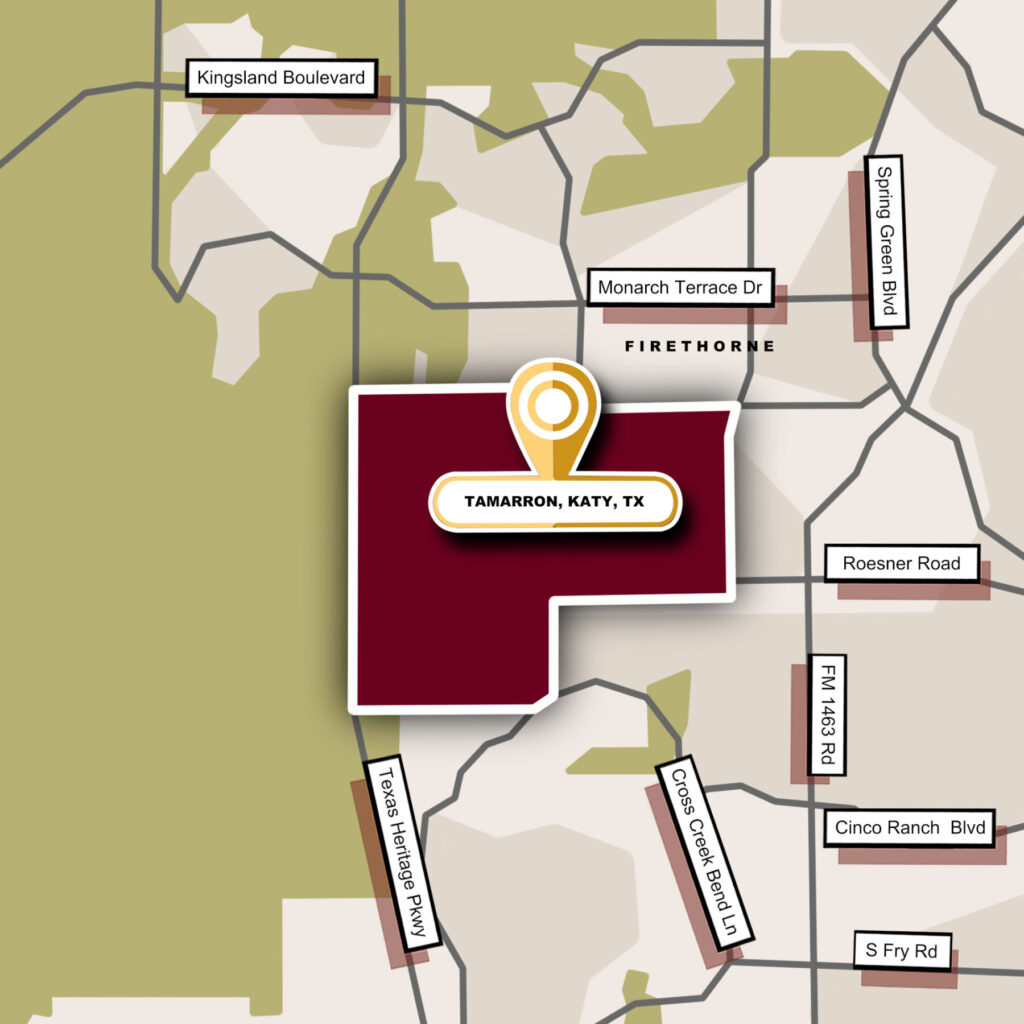 Custom Map Infographics of the Tamarron, Katy, TX Community Guide Page.
