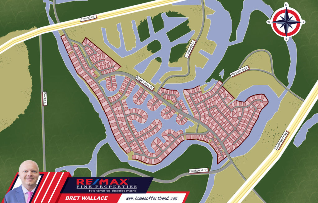 This is the custom made map inforgraphics for the community guide on homes for sale in sugar lakes sugar land tx