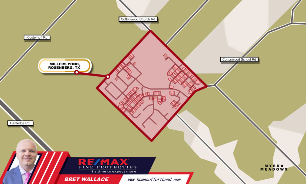 Custom Map Infographics for the Millers Pond, Rosenberg, TX Homes for Sale Community Guide